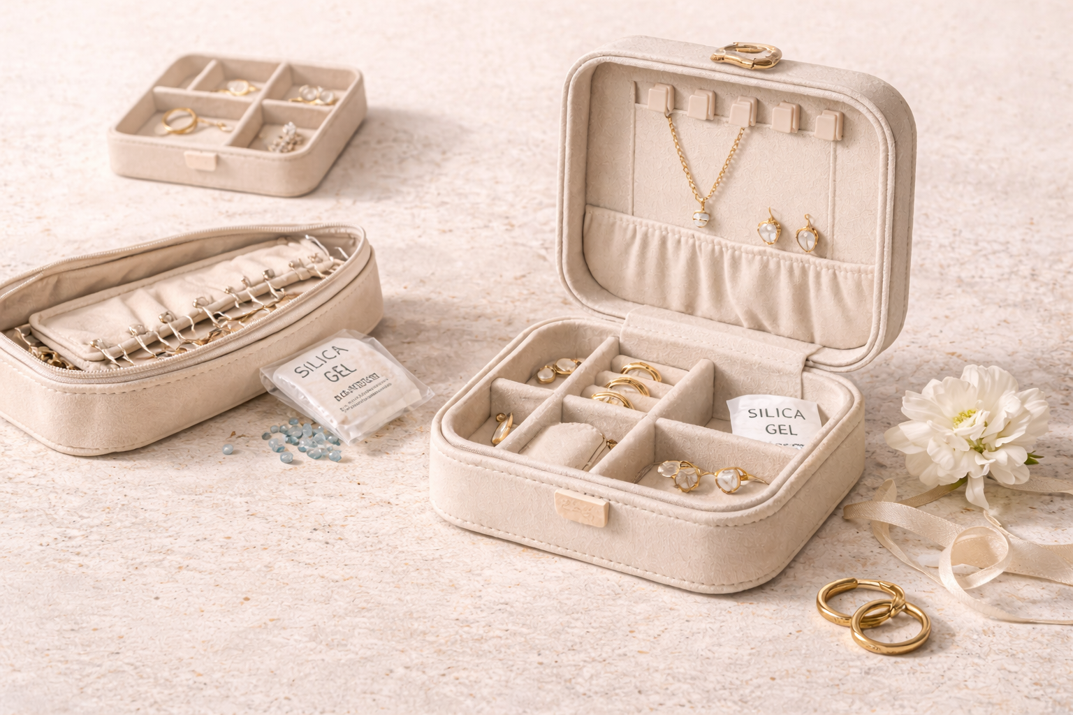 Na obrázku sú plátené obaly pre uloženie zlatých šperkov pohľad z boku