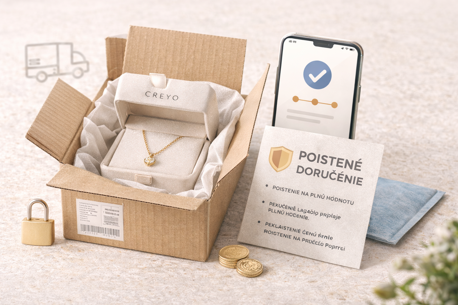 Pohľad z hora na rozbalenú krabicu v ktorej je zlatý šperk. Vedľa krabice je doklad o poisteni zásielky a telefón označujúci, že zasielka je doručená