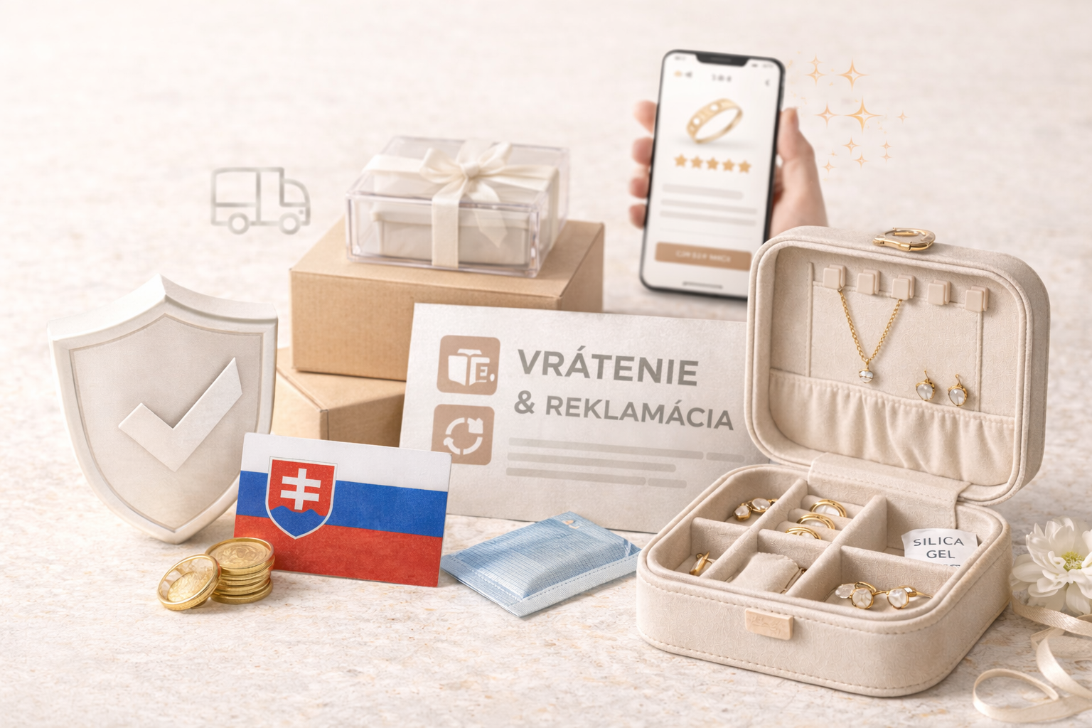 Obrázok odfotený z boku. Na obrázku je politika vrátenia tovaru na A4 slovenská vlajka, obal pre šperky, peniaze, mobil ukazujúci e-shop creyo