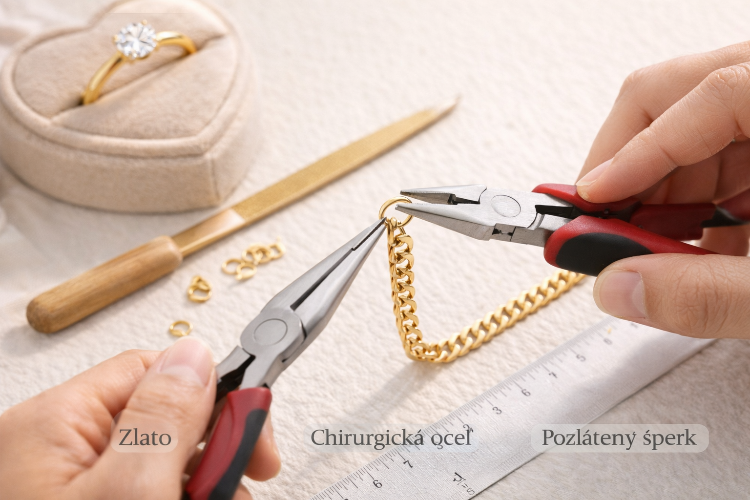 skrátenie šperku pomocou zlatníckych nástrojov