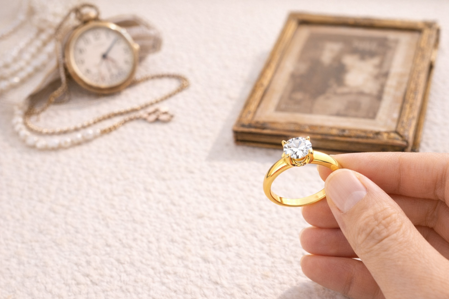 Zlatý prsteň držaný v ruke s historickými predmetmi v pozadí – symbol dlhej životnosti a nadčasovej hodnoty zlatého šperku