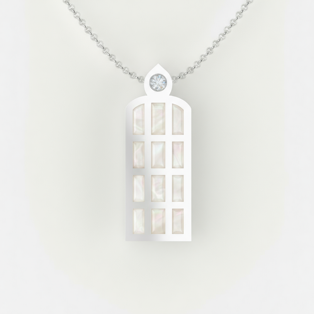 Náhrdelník z bieleho zlata CREYO LUMEN s perlovým enamelom a zirkónom – pohľad spredu