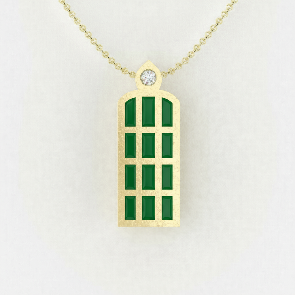 Detail prívesku LUMEN zo žltého zlata so zeleným enamelom – slovenský dizajn CREYO Jewelry