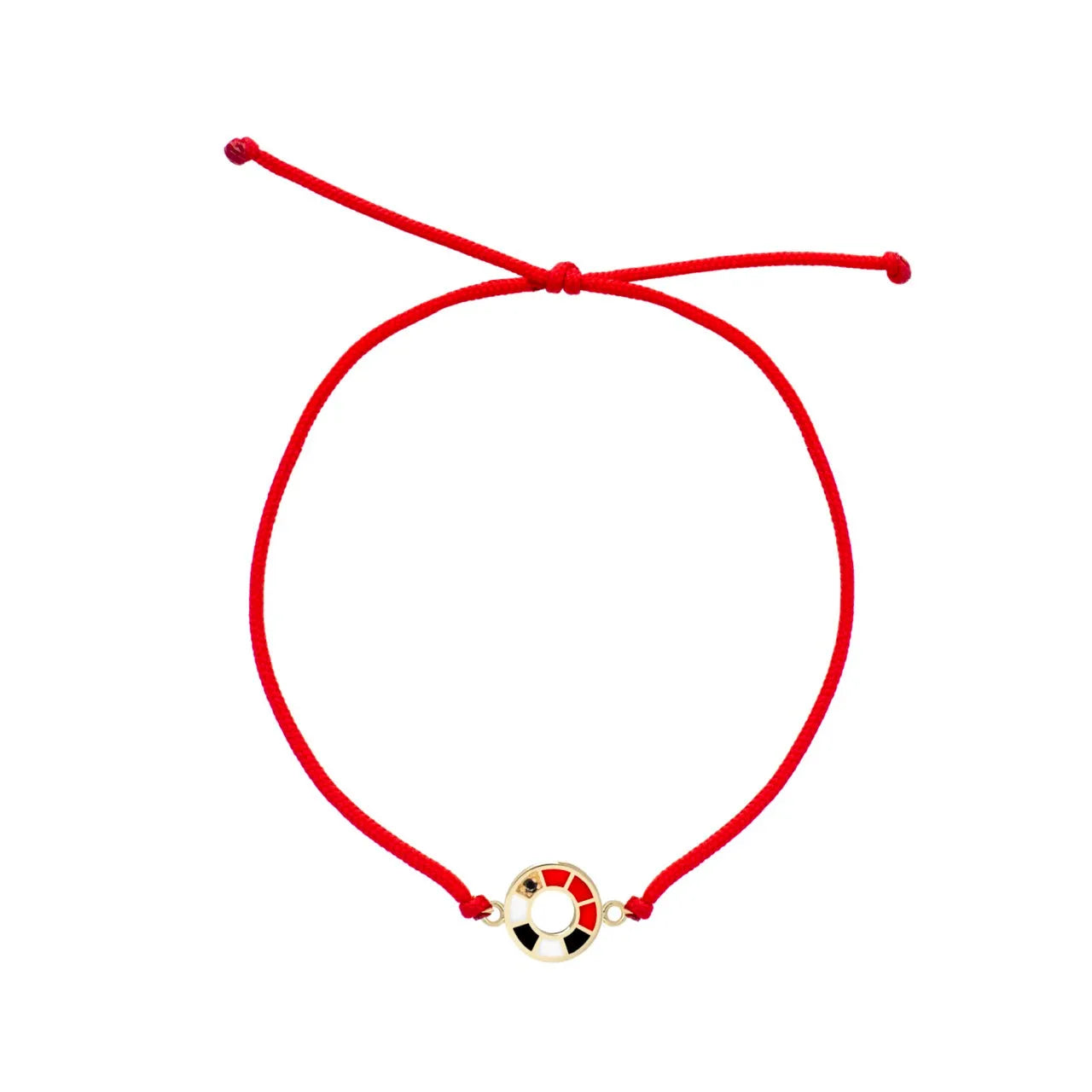 Moderný náramok CREYO LUNA zo 14K zlata s červenou šnúrkou a farebným smaltom
