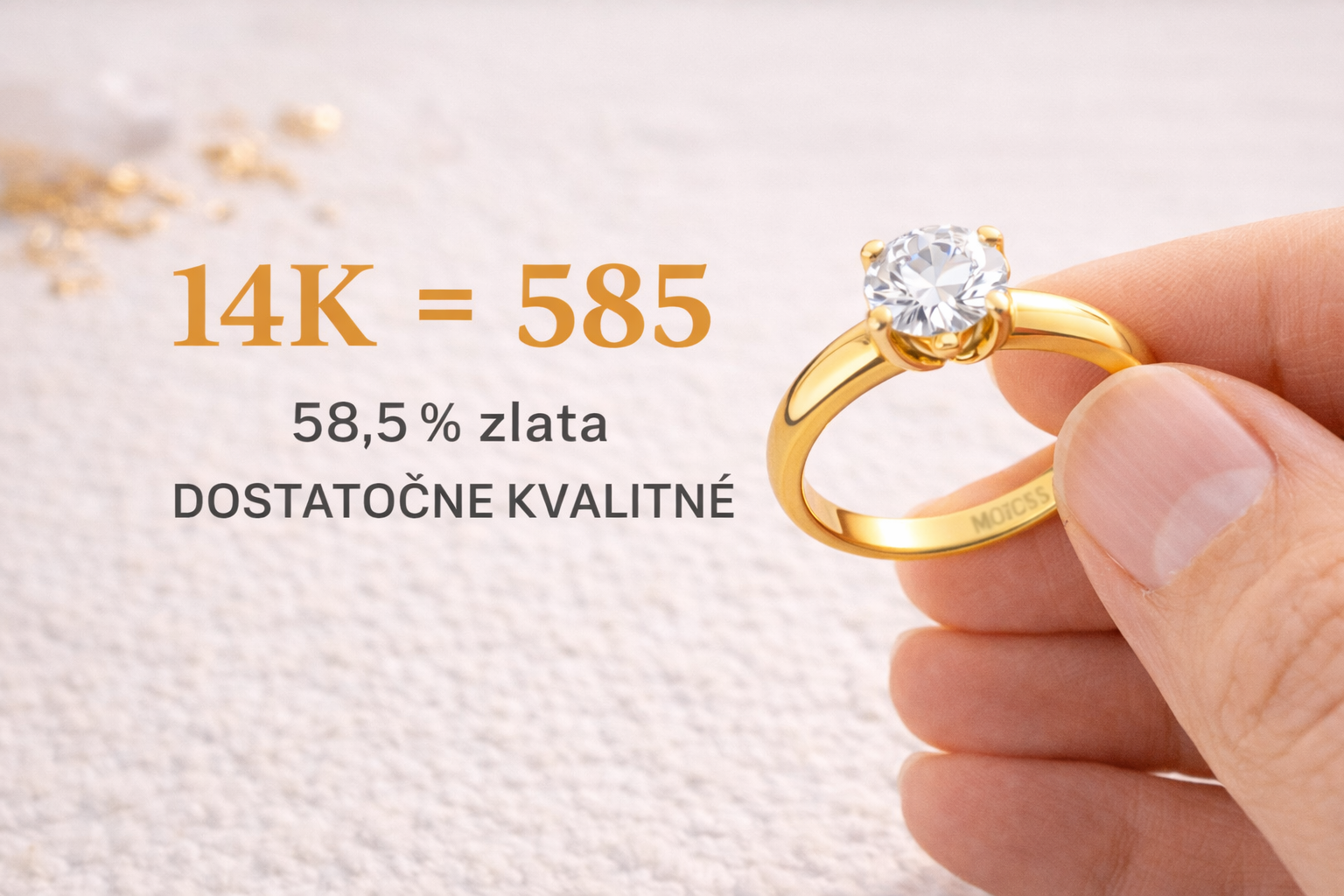 Zlatý prsteň zo 14k zlata s označením 585 – ukážka rýdzosti 58,5 % zlata a kvality vhodnej na každodenné nosenie
