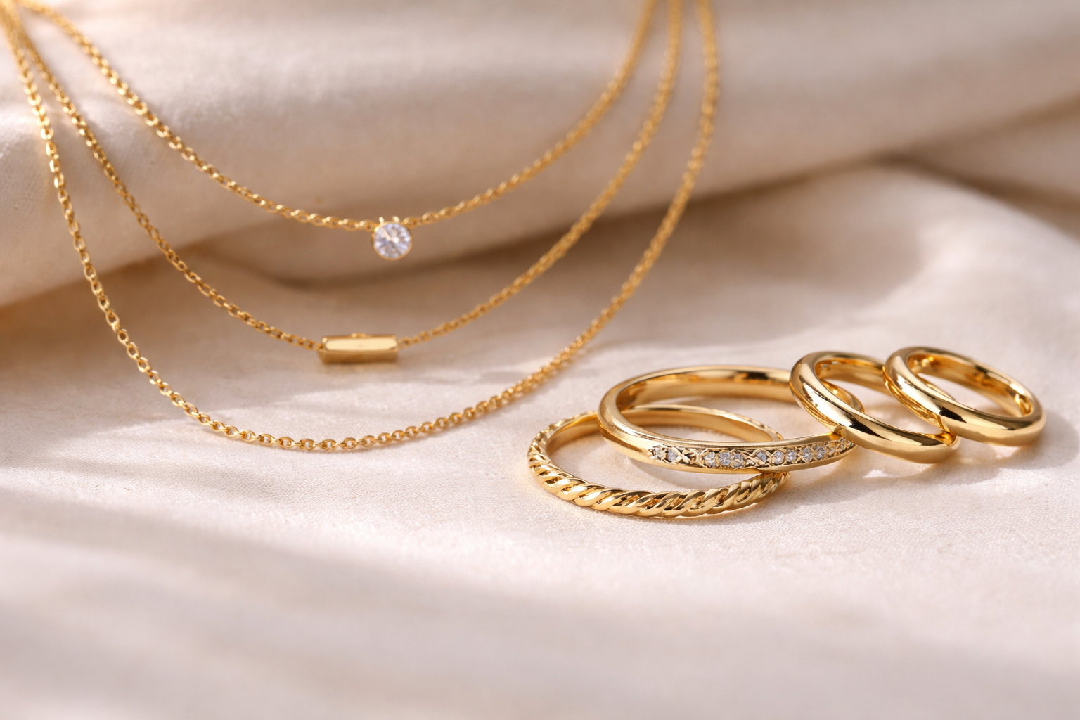 Na bielej látke položené tri jemné zlaté 14k náhrdelníky a 4 prstene so zirkónmi. Pohľad z boku