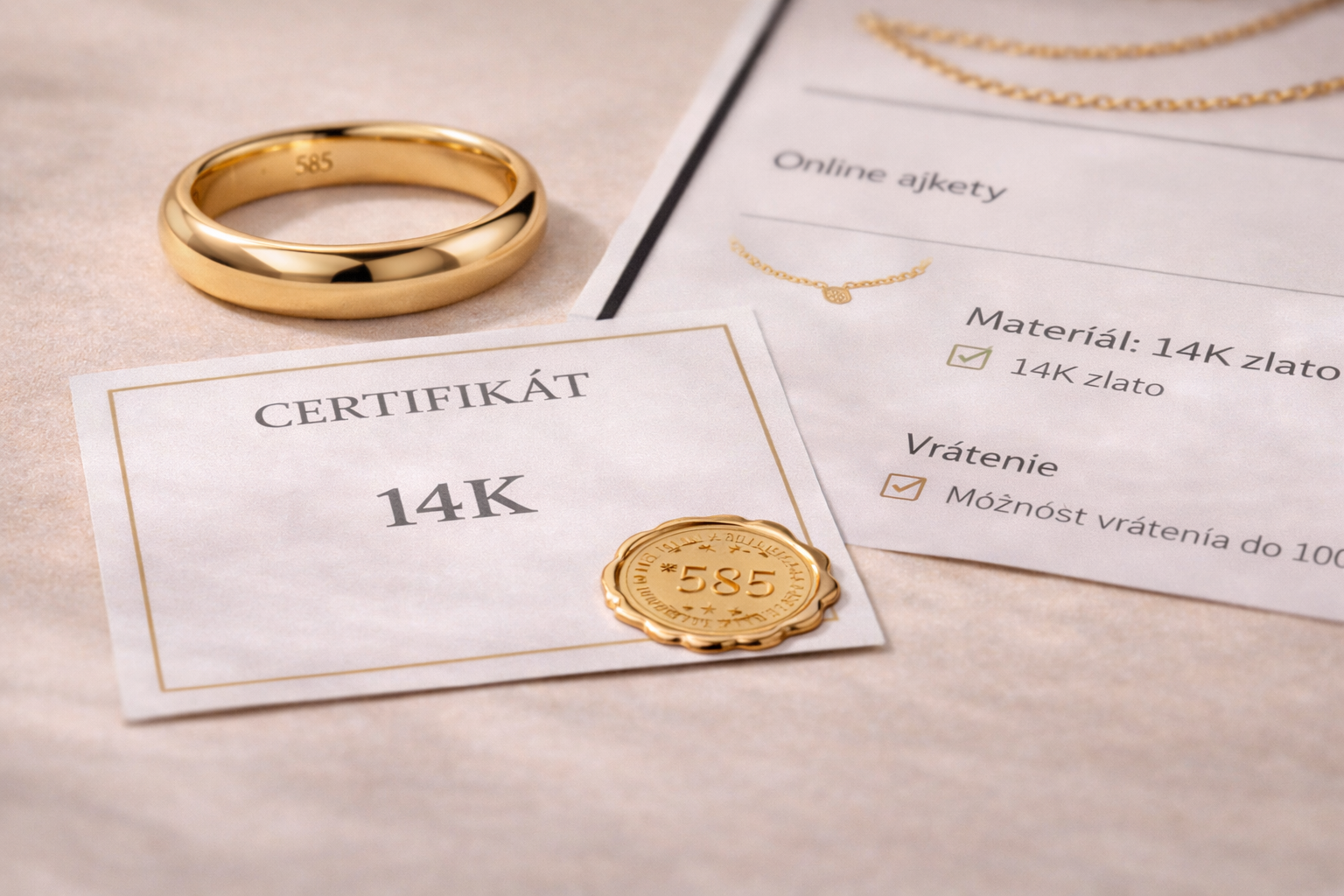 prsteň vedľa certifkátu pravosti. Pohľad z boku