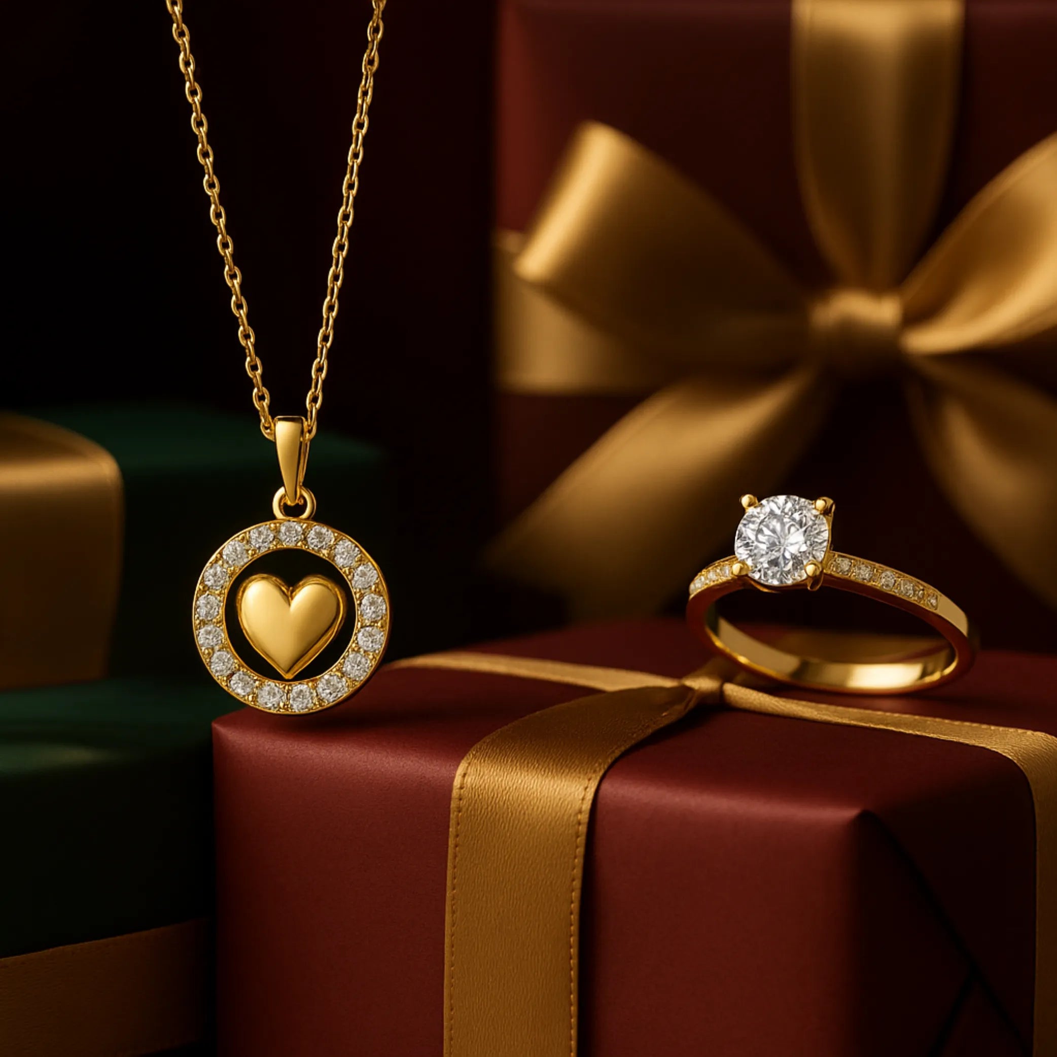 náhrdelník v tvare srdca a prsteň s diamantom na darčekovom pozadí