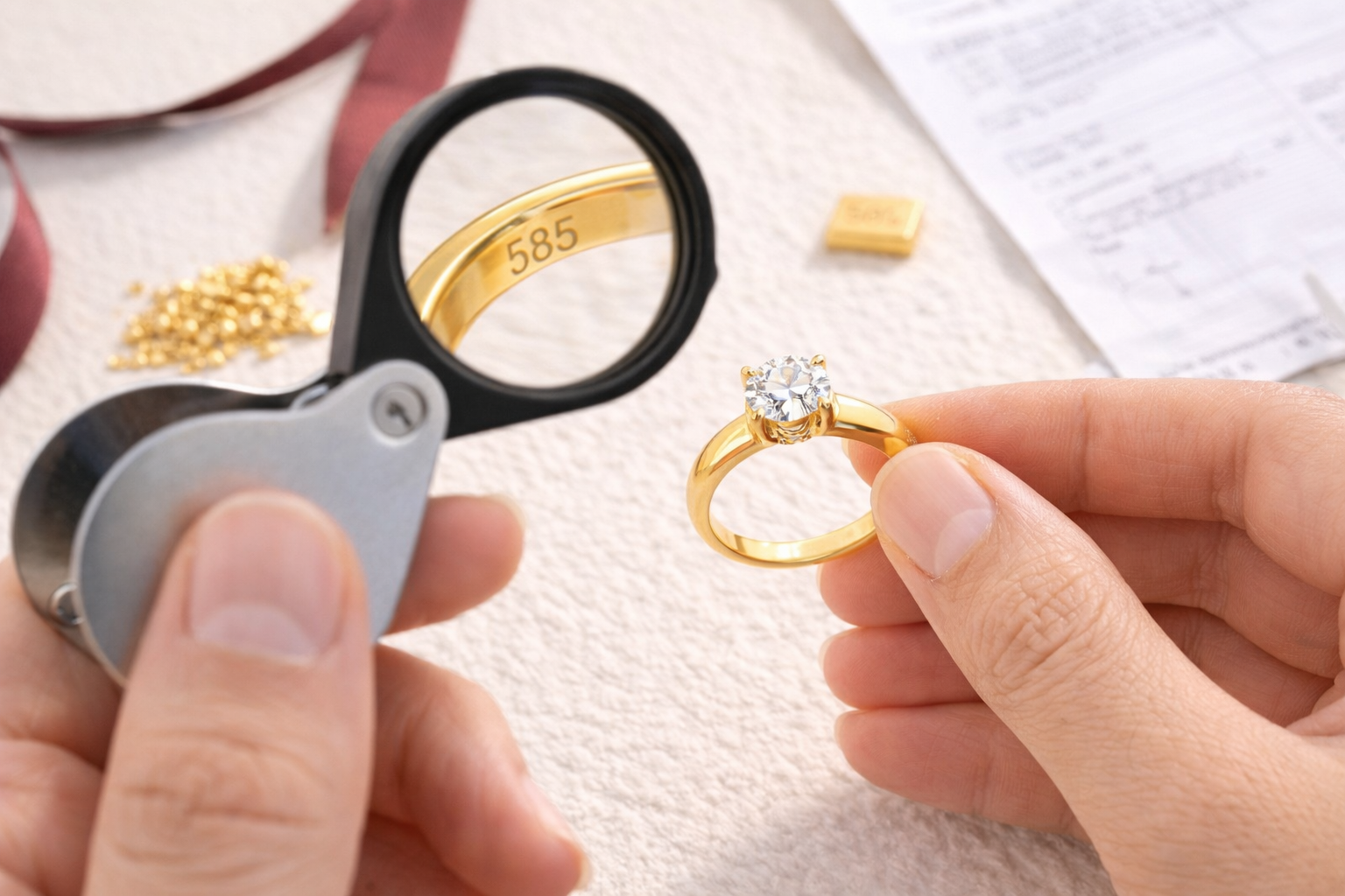 lupa pod ktorou je zlatý 14 prsteň a má označenie 585punc . Pohľad z hora