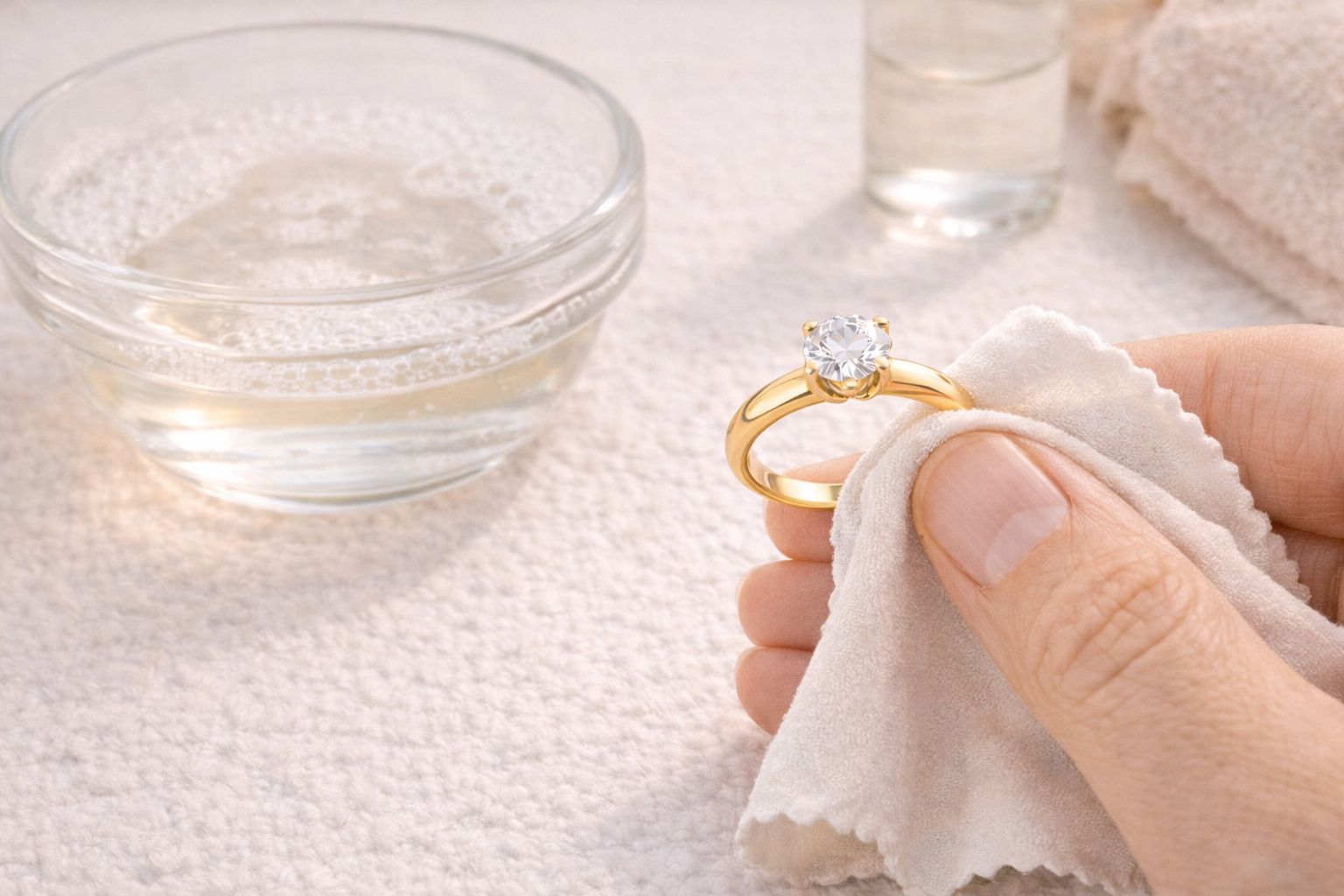 zlatý prsteň creyo medzi prstami a handričkou, v pozadí je pohár s vodou 