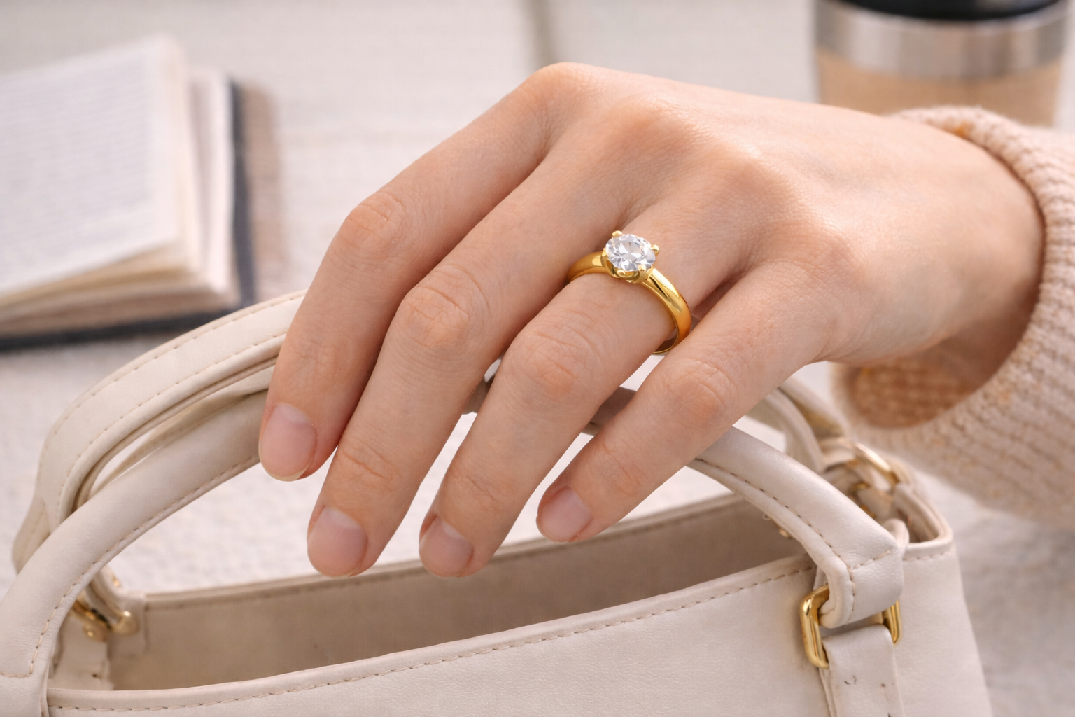 Zlatý prsteň nosený na ruke pri bežných denných činnostiach – ukážka, že kvalitný zlatý šperk je vhodný na každodenné nosenie.