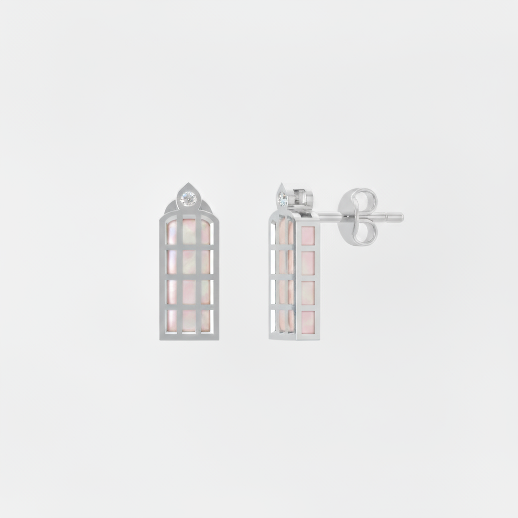 Náušnice z bieleho zlata CREYO LUMEN s perlovým enamelom a zirkónom – pohľad spredu